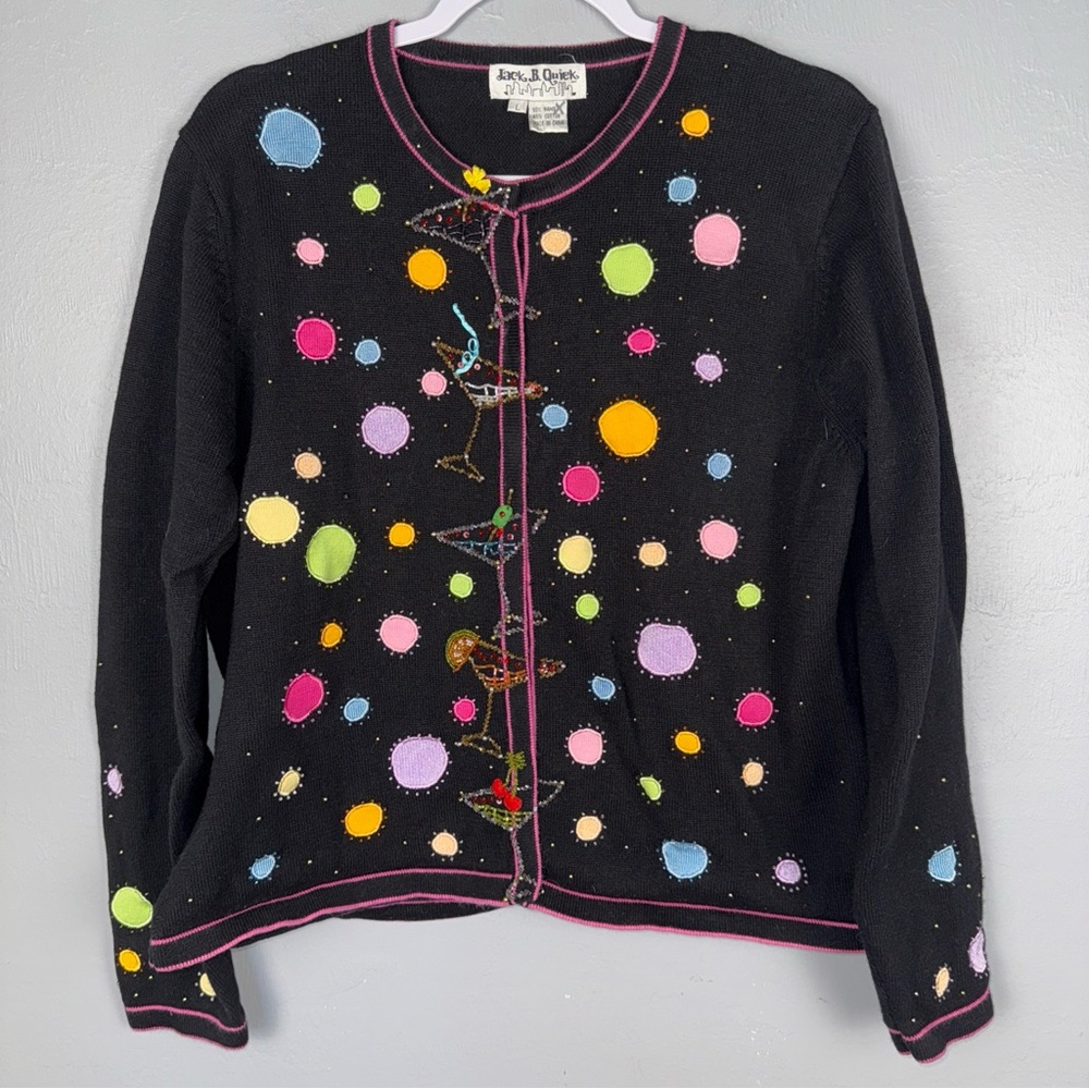 Jack B. Quick Cardigan Sweater WomenS Large Black Cocktail Embellished Vtg *READ